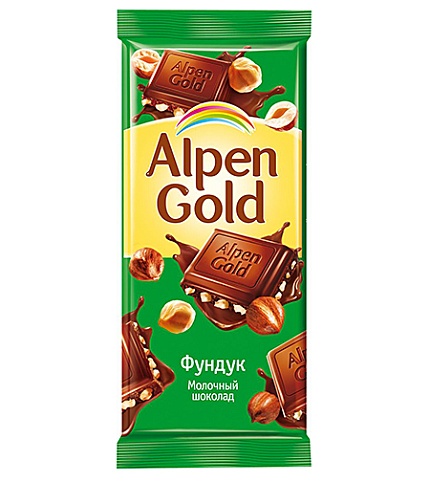Шоколад молочный с фундуком Альпен Голд, 90 гр