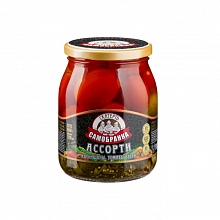 Ассорти Скатерть-Самобранка помидоры черри и корнишоны маринованные 720 мл