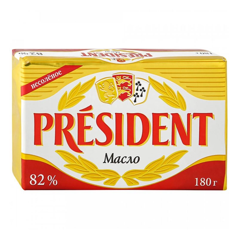 Масло President кислосливочное несоленое 82% 180 г