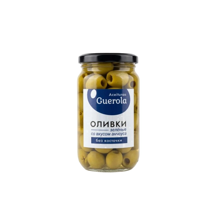 Оливки Aceitunas Guerola зеленые без косточки со вкусом анчоуса 340 г