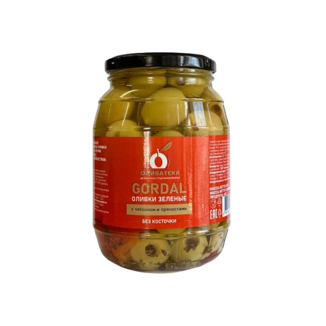 Оливки Оливатека Гордаль без косточки с чесноком и пряностями 870 г