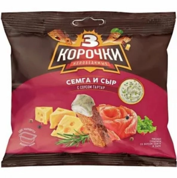 Сухарики Три корочки со вкусом сёмги и сыра весом 60 г с соусом тартар объёмом 25 мл