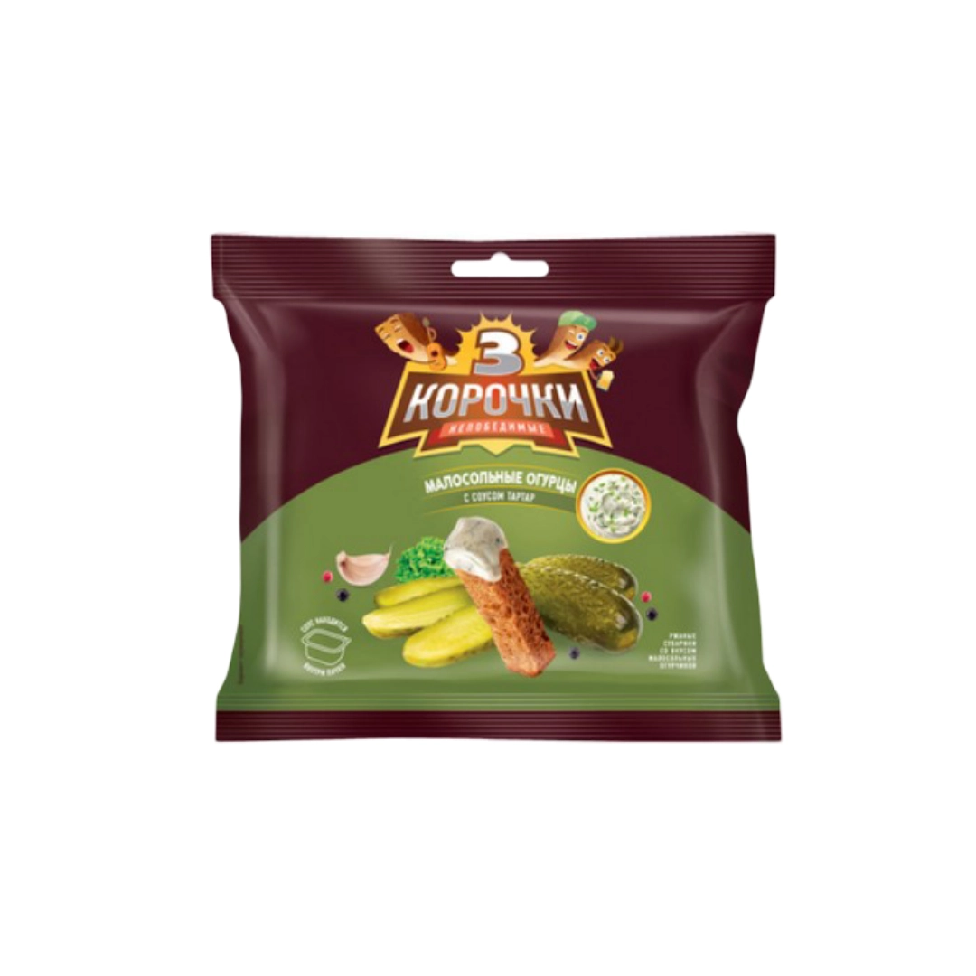 Сухарики Три Корочки ржаные Малосольные огурцы с соусом тартар 60 г + 25 г