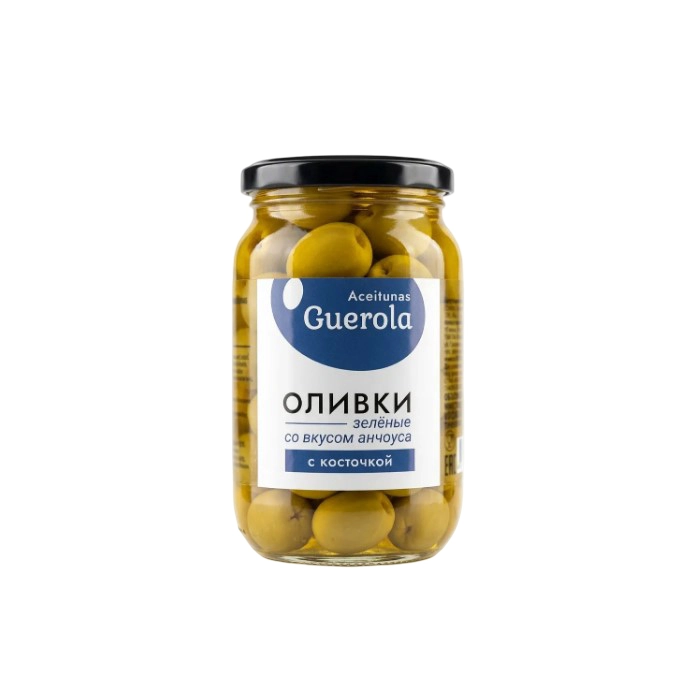 Оливки Aceitunas Guerola зеленые с косточкой со вкусом анчоуса 340 г