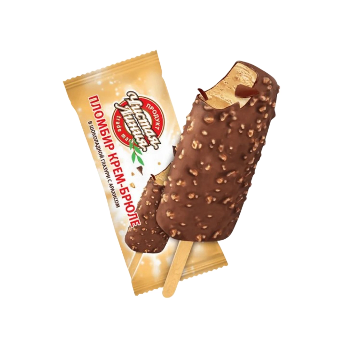 Мороженое Чистая линия пломбир крем-брюле в шоколадной глазури с арахисом 80 г